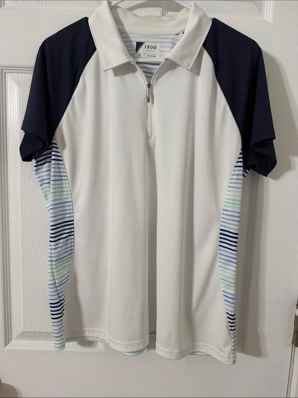 Izod White Polo with Navy Raglan Sleeves and Blue-Green Stripe Panels